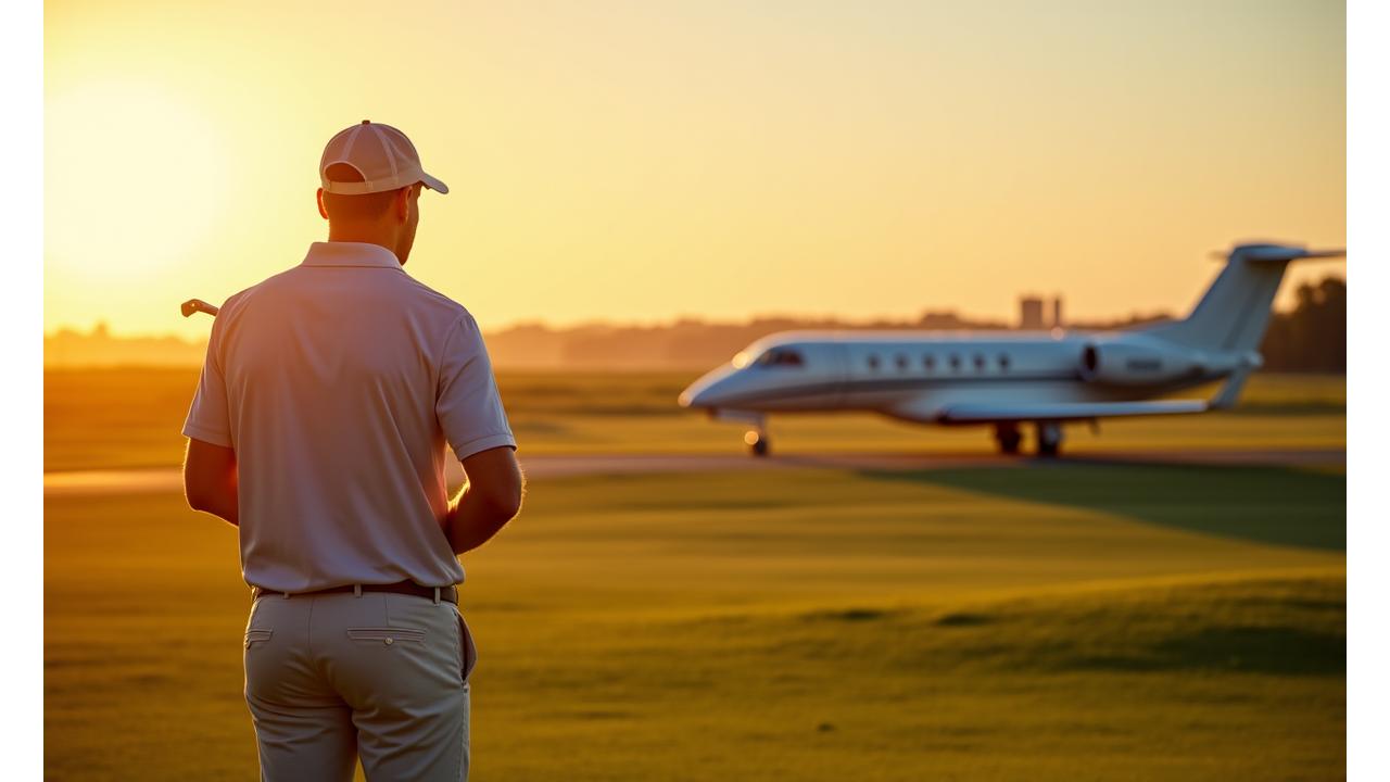 Man making a precise golf shot on a sunny course with a private jet in the background.
